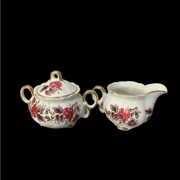 Vintage Fred Roberts Porcelain Rose Creamer & Sugar Gold Trim Serving Set Japan - Picture 2 of 8